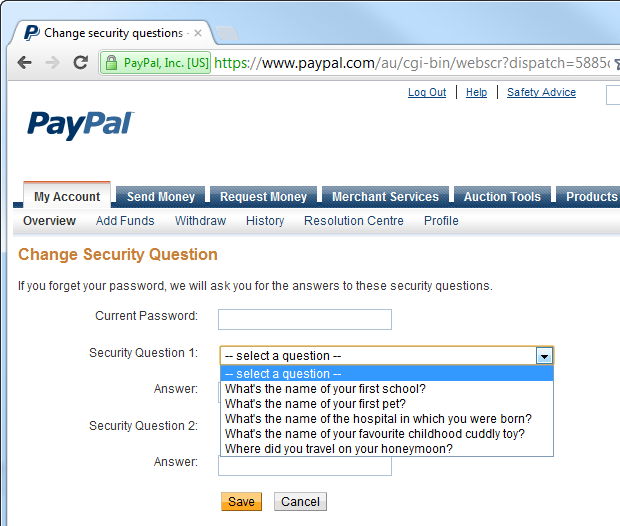 Possible secret questions on PayPal