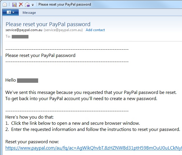 The PayPal email to begin the reset process