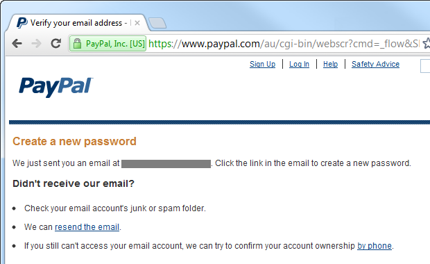 PayPal sending an email to begin the reset process