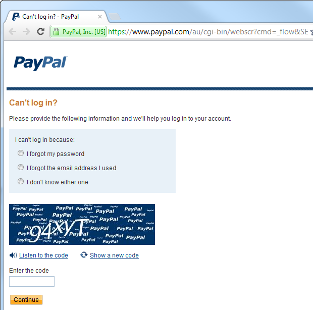 PayPal implementing CAPTCHA before password reset