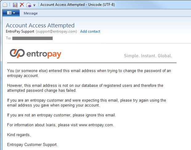 Entropay email explaining the account doesn't exist