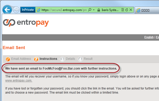 Entropay emailing instructions to the provided address