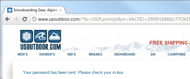 Password sent by usoutdoor.com