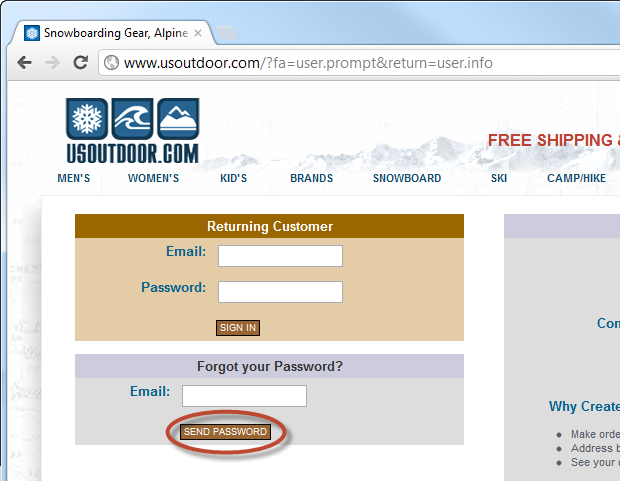 Requesting a password reminder from usoutdoor.com