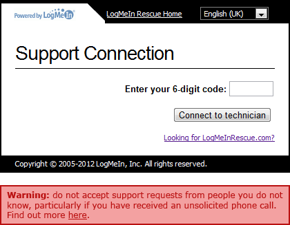 Proposed warning on the LogMeIn page