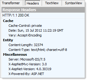 Fiddler trace showing IIS 7.5, ASP.NET 4 and MVC 3