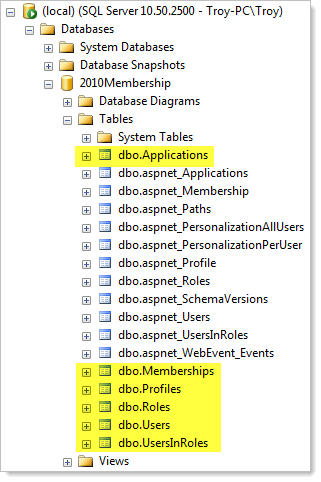 New membership provider tables appear next to the old ones