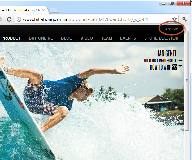 billabong.com.au with a sign up link