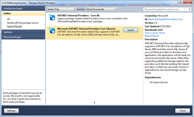 Taking Microsoft.AspNet.Providers.Core from NuGet in Visual Studio 2010