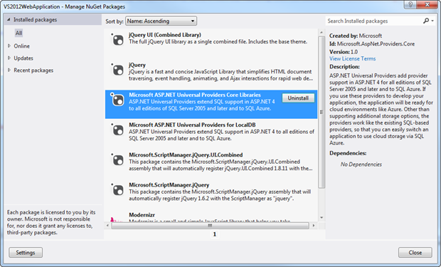 NuGet packages in the Visual Studio 2012 template