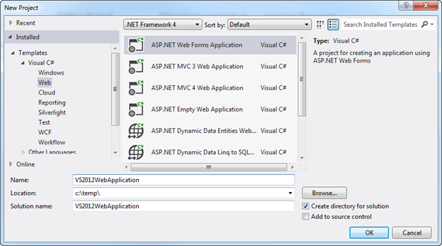 New ASP.NET Web Application in Visual Studio 2012