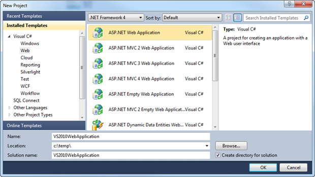 New ASP.NET Web Application in Visual Studio 2010