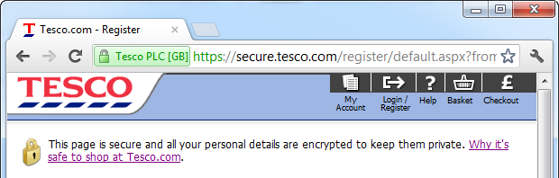 Tesco page claiming it is secure