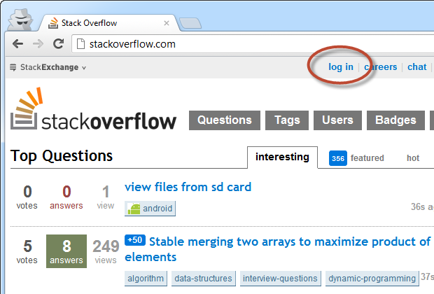 A Stack Overflow request using incognito (not logged on)