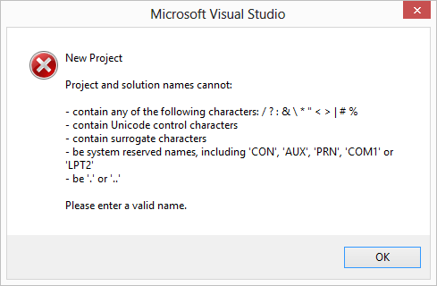 Disallowed characters in a new Visual Studio solution