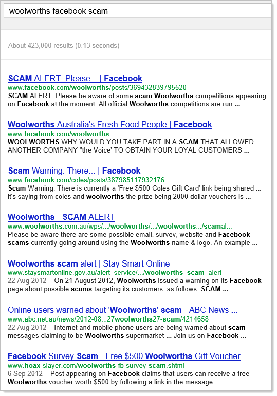 Google search for "woolworths facebook scam"