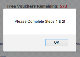 JS alert saying steps 1 and 2 must be completed first