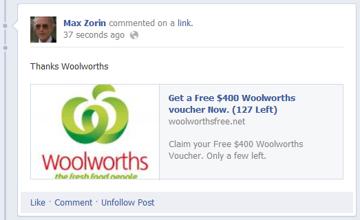 The "Thanks Woolworths" comment appearing on Facebook