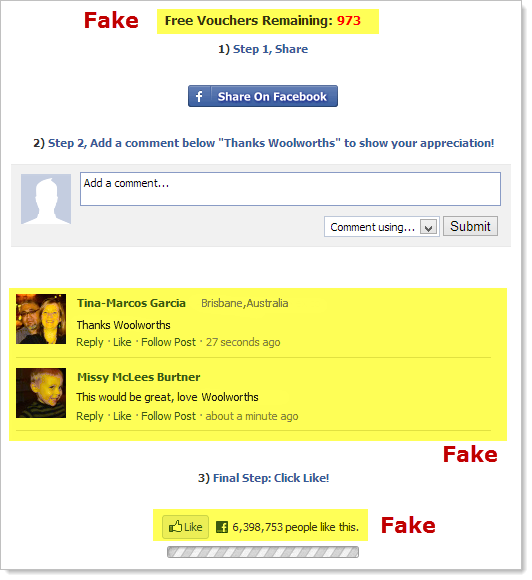 Fake components of the scam page