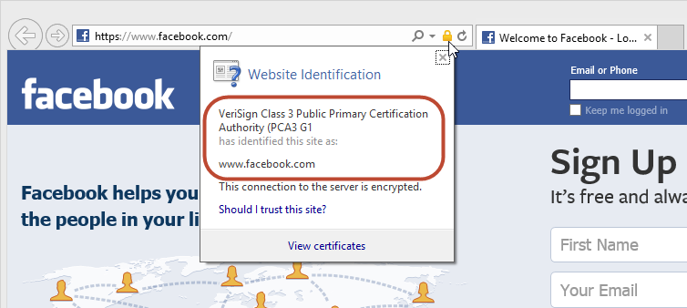 The real facebook.com site and SSL certificate
