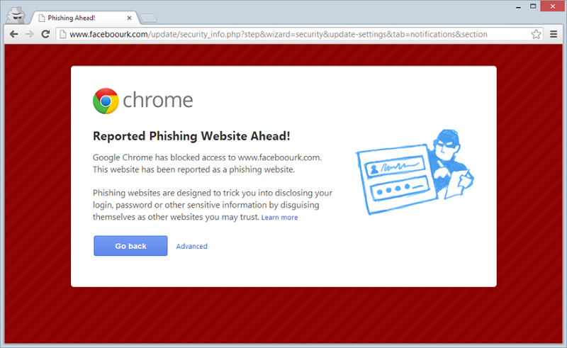 Chrome's phishing warning for faceboourk.com