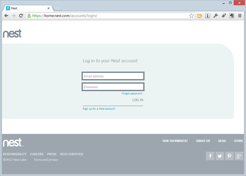 The Nest web login page