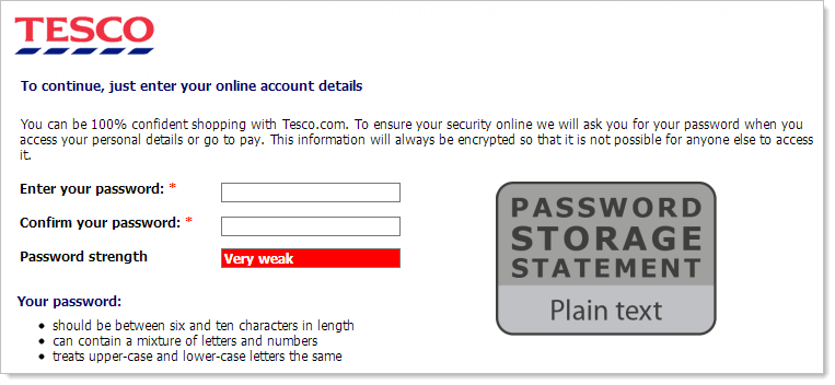 Tesco with a plain text storage password storage statement