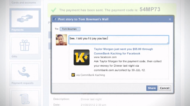 Posting payment info to a friend's wall