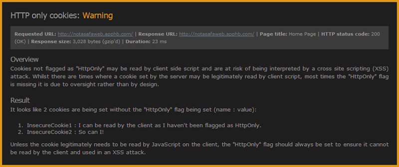 ASafaWeb scan for HTTP only cookies