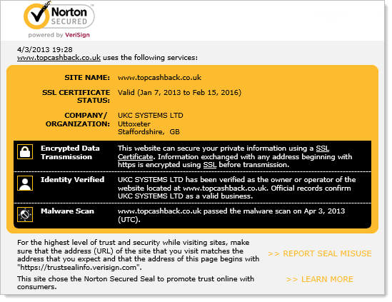 Norton Secured report on site security