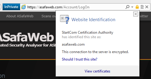 Inspecting the certificate on the ASafaWeb website