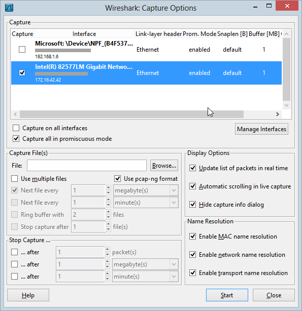 Wireshark capture options