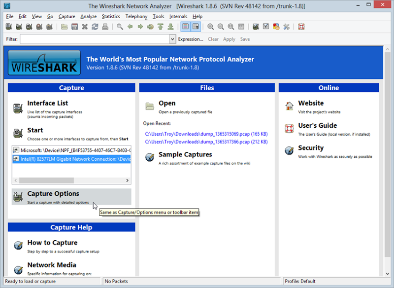 Starting Wireshark to monitor traffic from the Pineapple