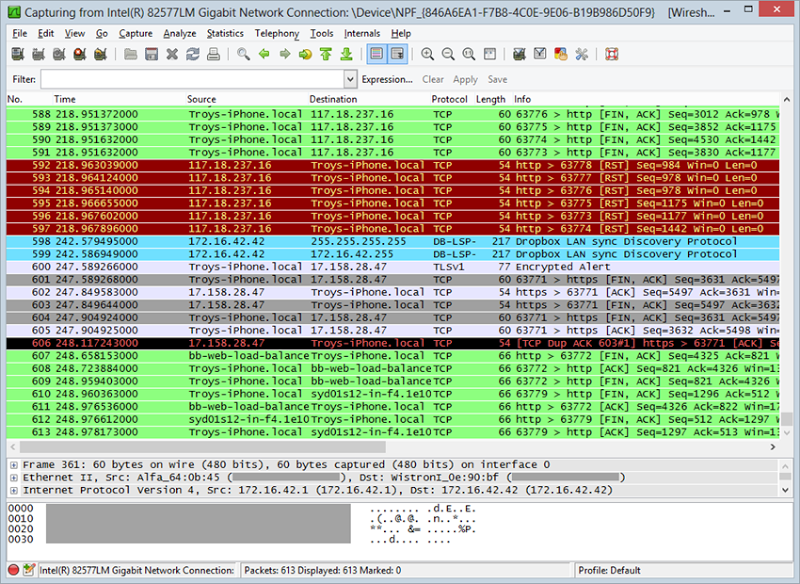 Wireshark packets captured from the Pineapple