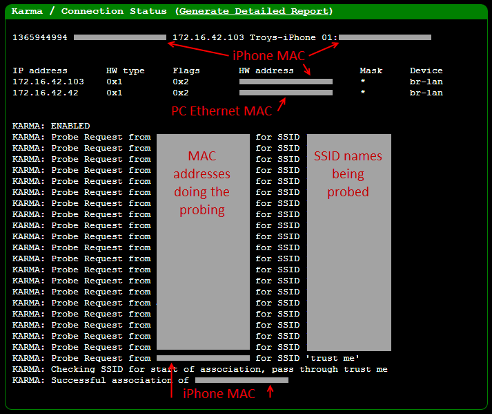 List of probe requests from and MAC addresses from different devices