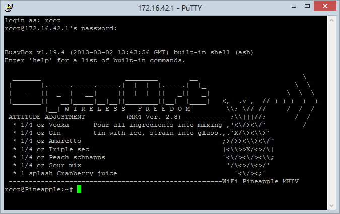 Into SSH mode on the Pineapple