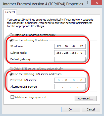 Static IP address on 172.16.42.42, subnet mask on 255.255.255.0 and DNS on 8.8.8.8