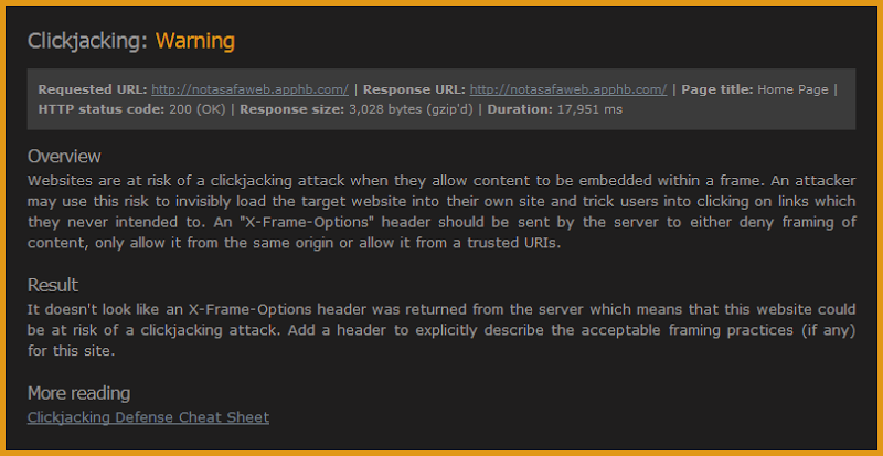 ASafaWeb scan showing no XFO header exists