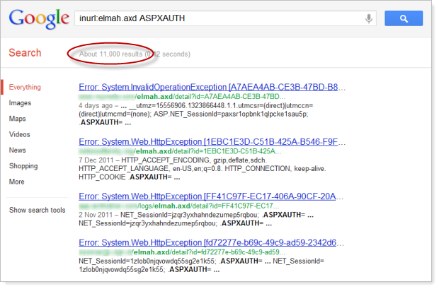 Google search for inurl:elmah.axd ASPXAUTH