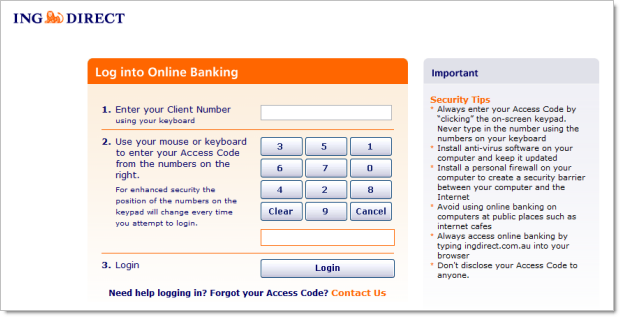 ING Direct using a four digit PIN