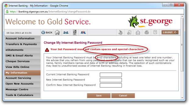 St. George bank not allowing spaces or special characters in the password