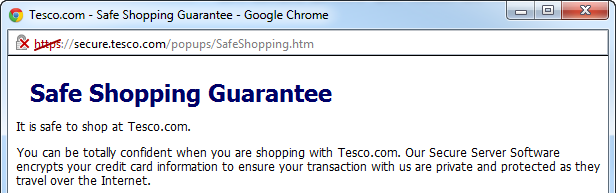 Tesco's Safe Shopping Guarantee with a security warning