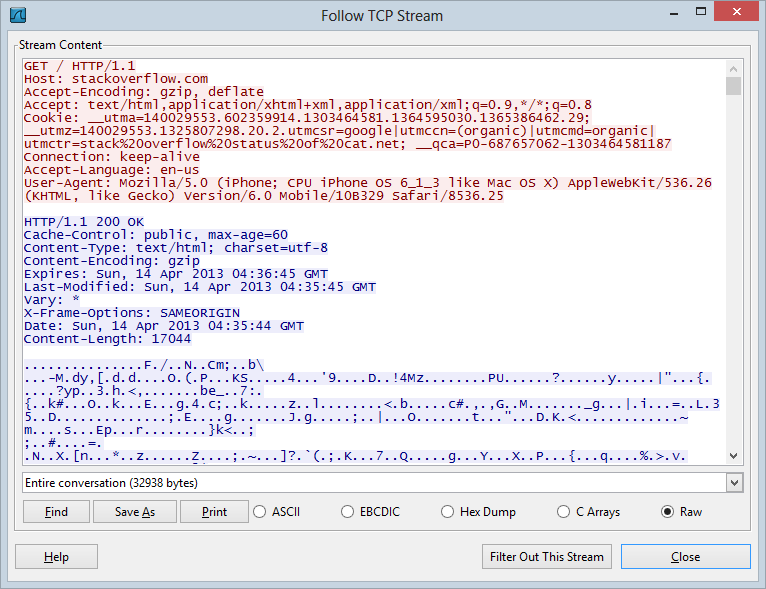 Following the TCP stream of the request and response