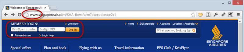 Singapore Airlines loading the login form over HTTP