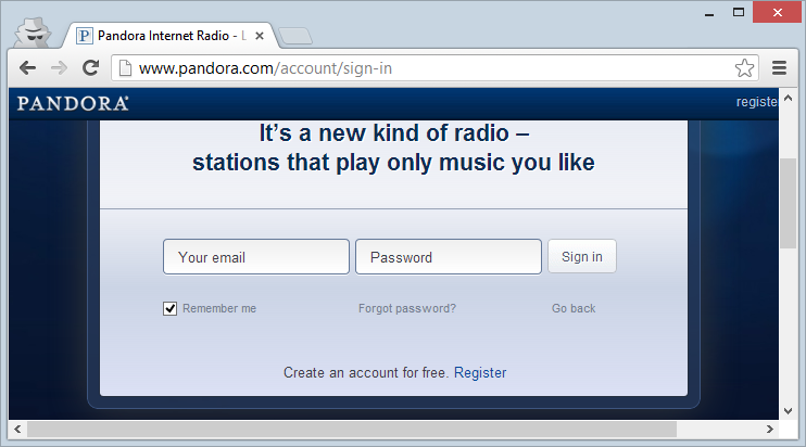 Pandora login page loaded over HTTP