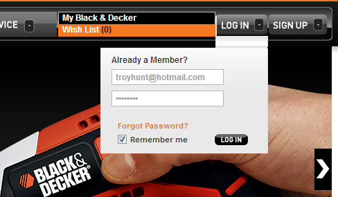 Logging in to Black & Decker