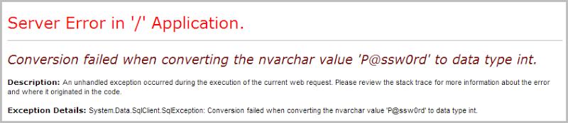 Conversion failed when converting the varchar value 'P@ssw0rd' to data type int.