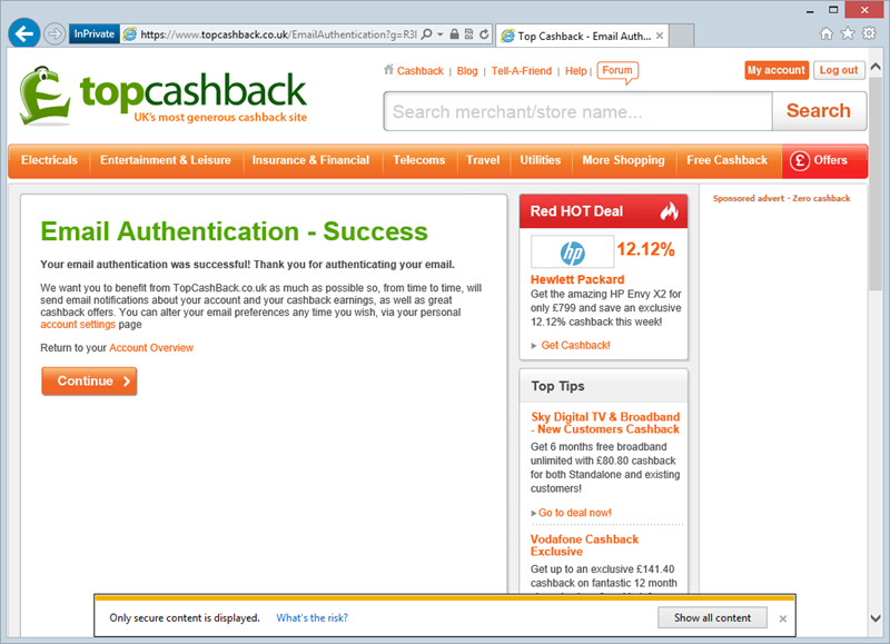 Top CashBack email authentication page