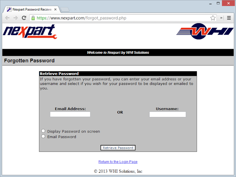 Nexpart forgotten password feature