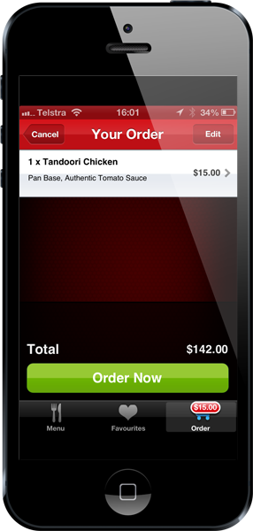 The Pizza hut app showing one $15 pizza costing $142